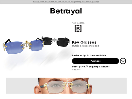 Second Life Marketplace - BETRAYAL. Key Glasses Pack - UNISEX + RESIZABLE